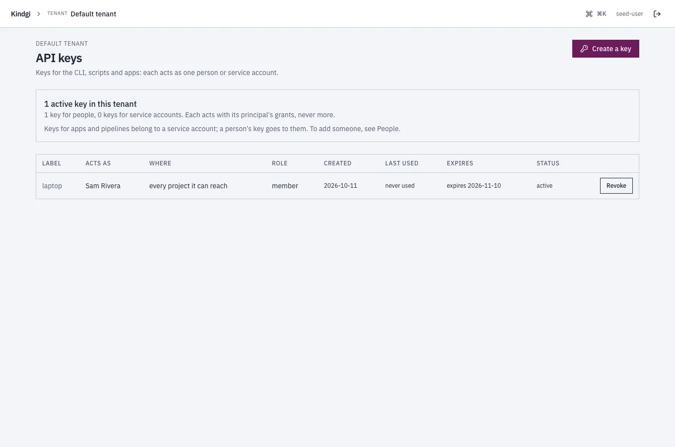 The API keys page: one key, labelled laptop, acting as Sam Rivera with the member role, never used, expiring a month after it was made, with a Revoke button.