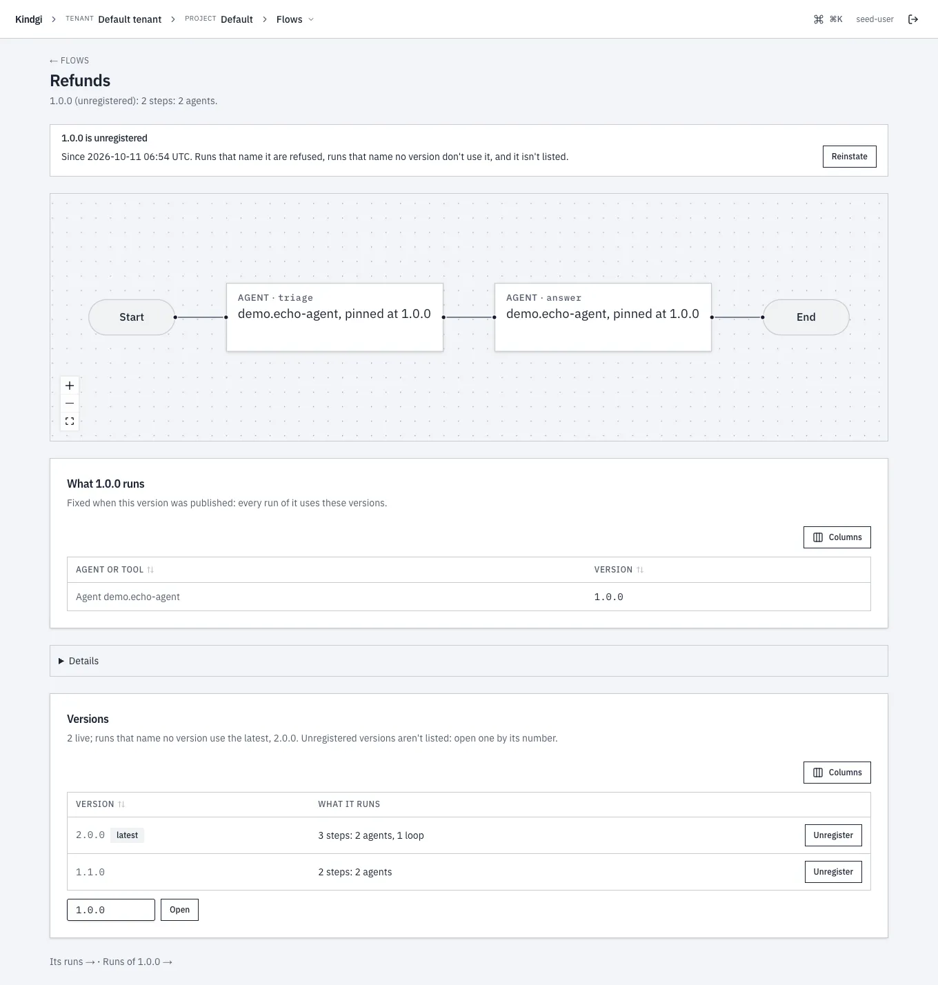 Version 1.0.0 opened by its number: "1.0.0 is unregistered", since when, that runs naming it are refused, and Reinstate, above its graph.