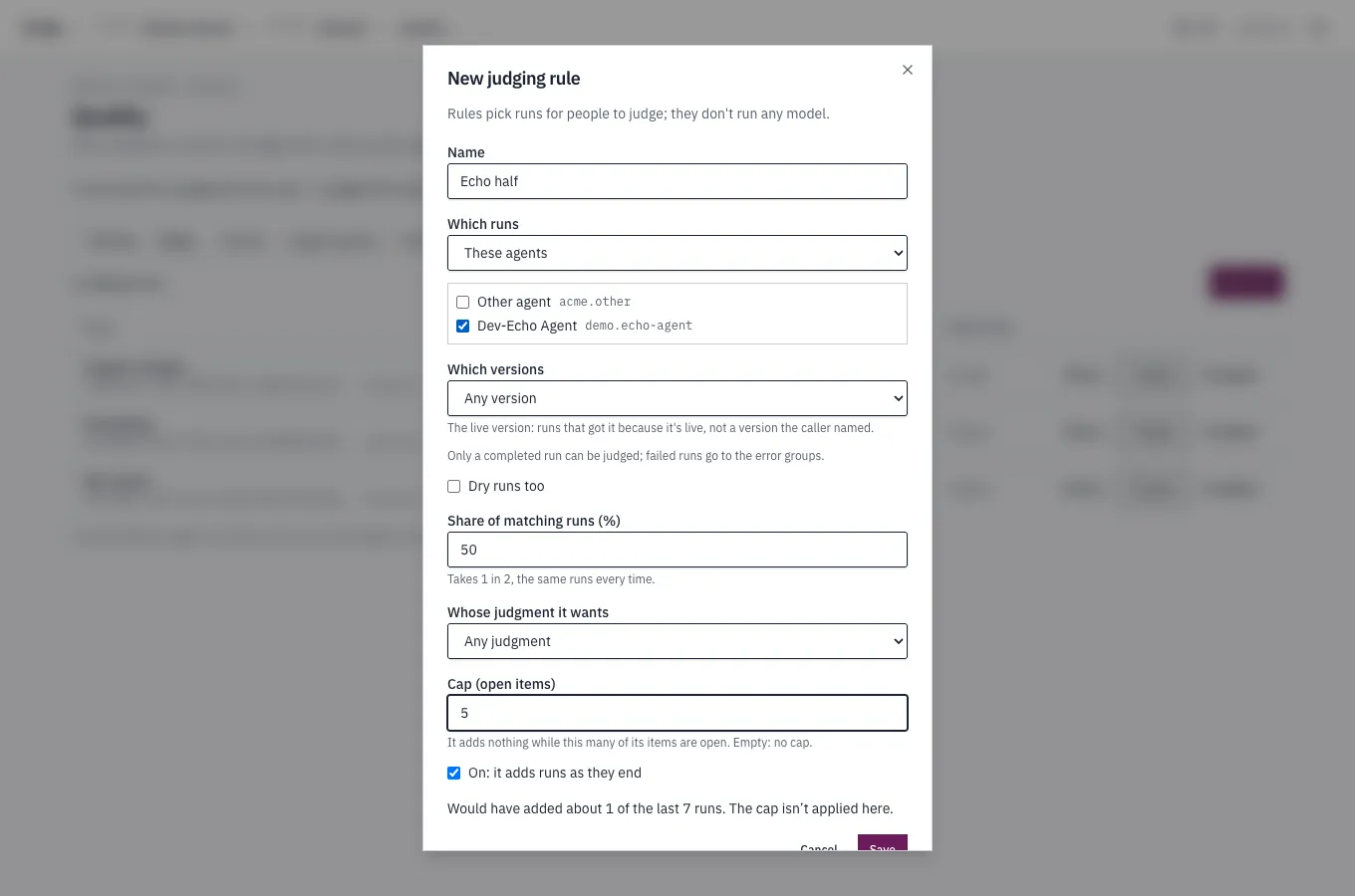 The New judging rule dialog, over the Rules tab.