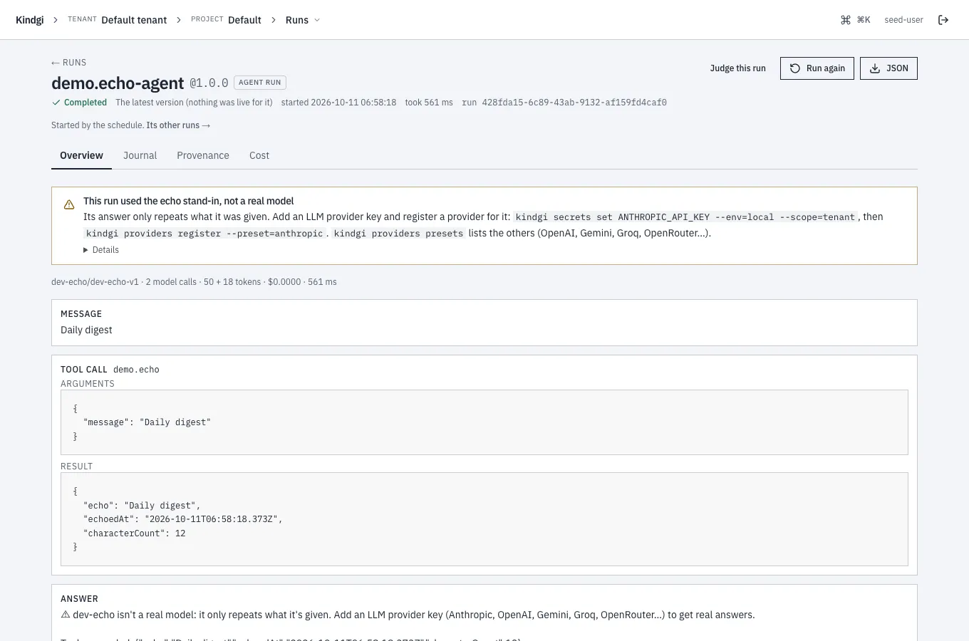 A run's page with "Started by the schedule “nightly digest” (0 2 * * *). Its other runs →" under its header.