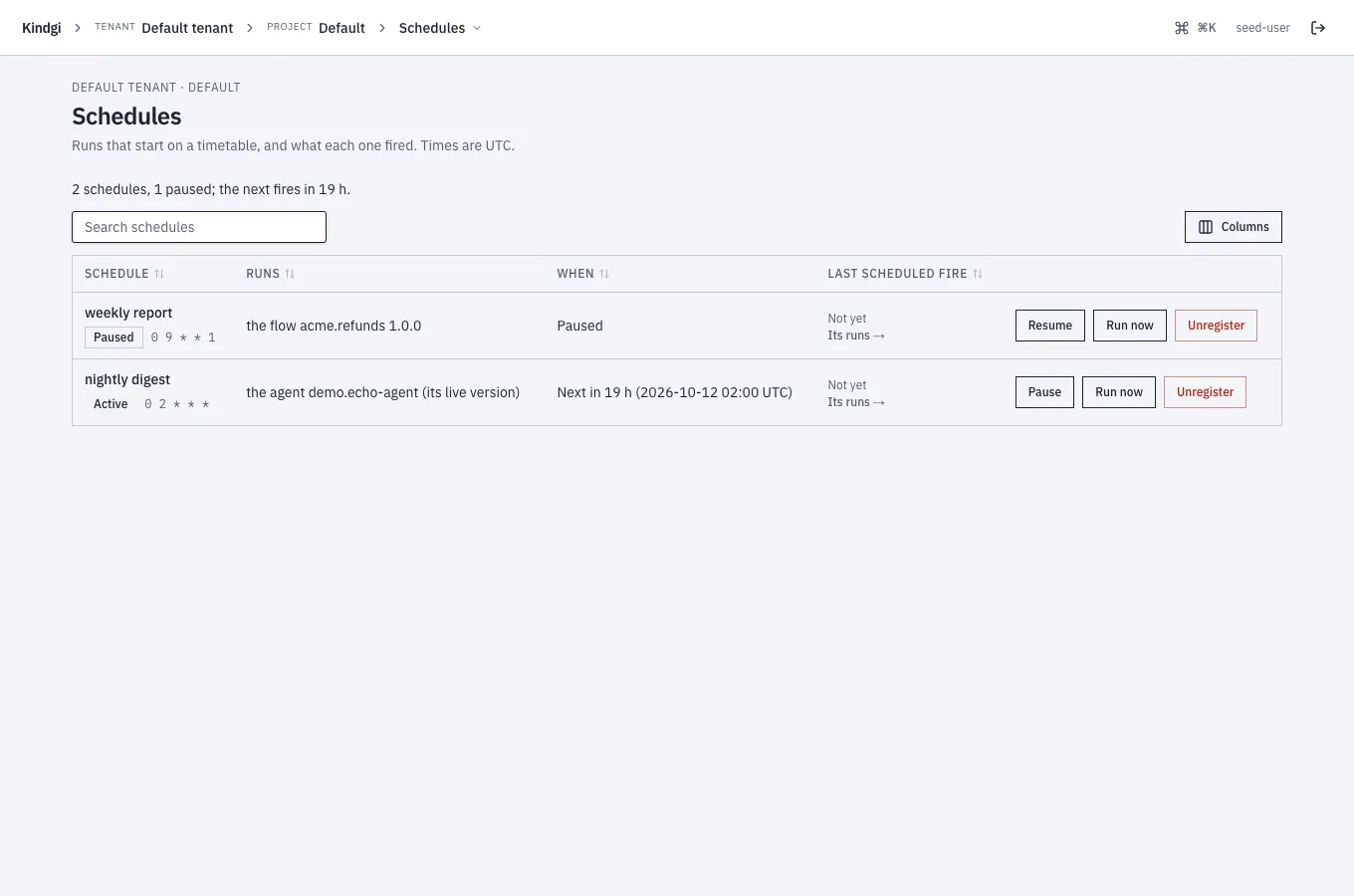 The Schedules page: "2 schedules, 1 paused; the next fires in 19 h.", the paused weekly report (the flow acme.refunds 1.0.0, 0 9 * * 1) with Resume, and the active nightly digest (the agent demo.echo-agent, 0 2 * * *, next in 19 h) with Pause, each with Run now and Unregister.