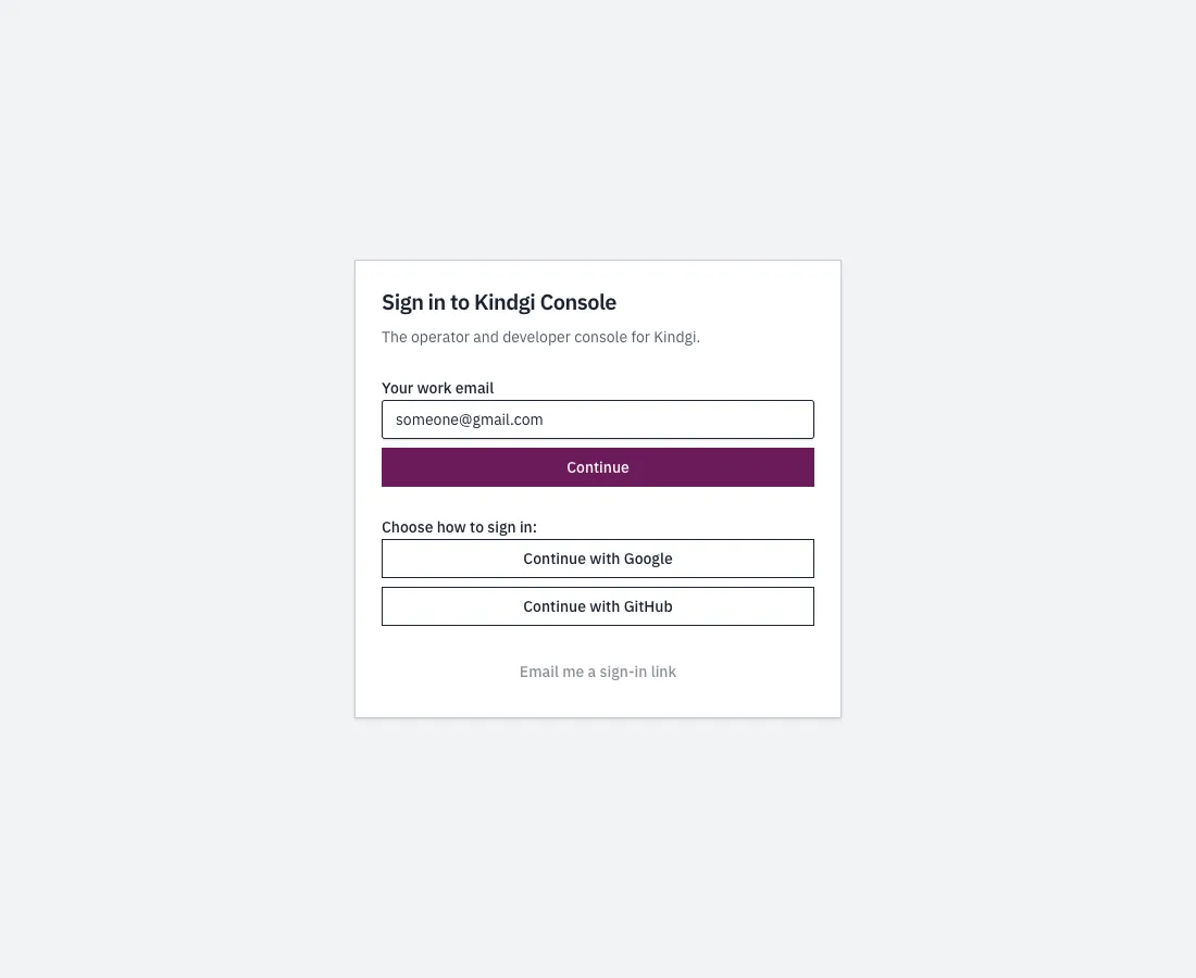 The sign-in page for a Gmail address: Continue with Google and Continue with GitHub, then Email me a sign-in link