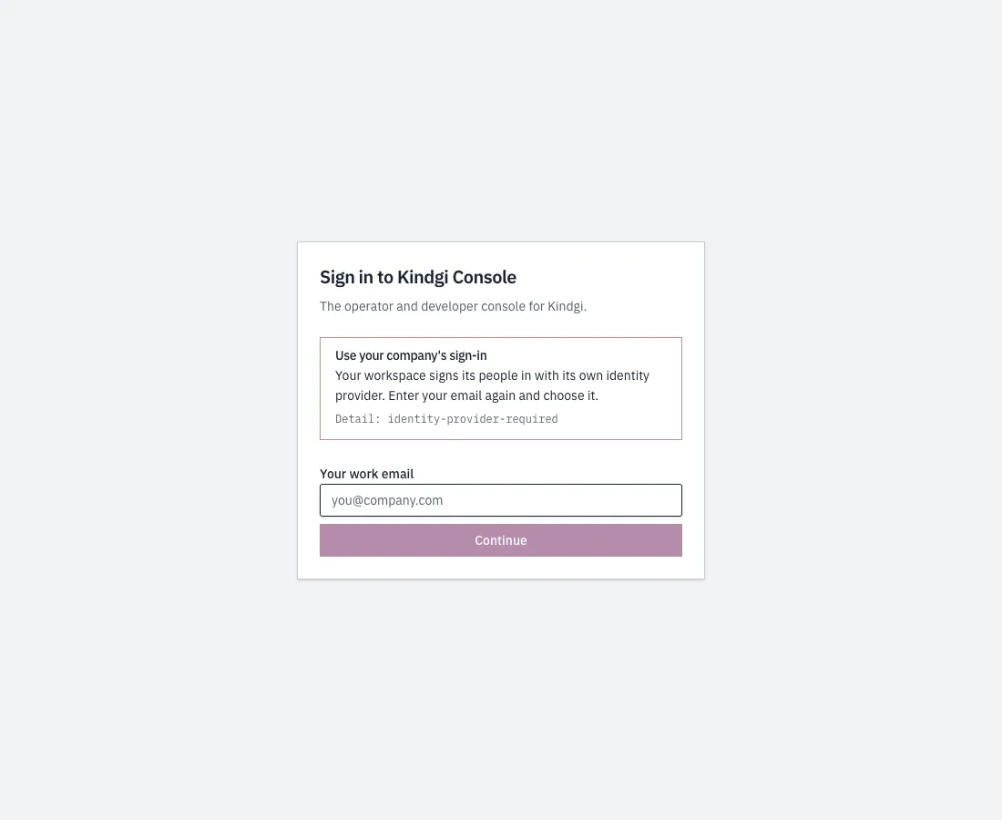 Use your company's sign-in: Your workspace signs its people in with its own identity provider. Enter your email again and choose it. Detail: identity-provider-required