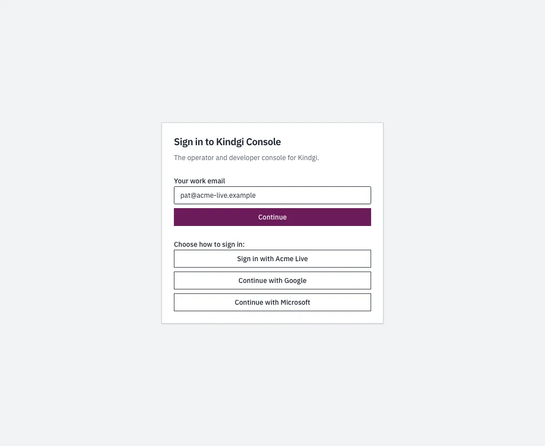 The sign-in page for pat@acme-live.example: Sign in with Acme Live, Continue with Google, Continue with Microsoft