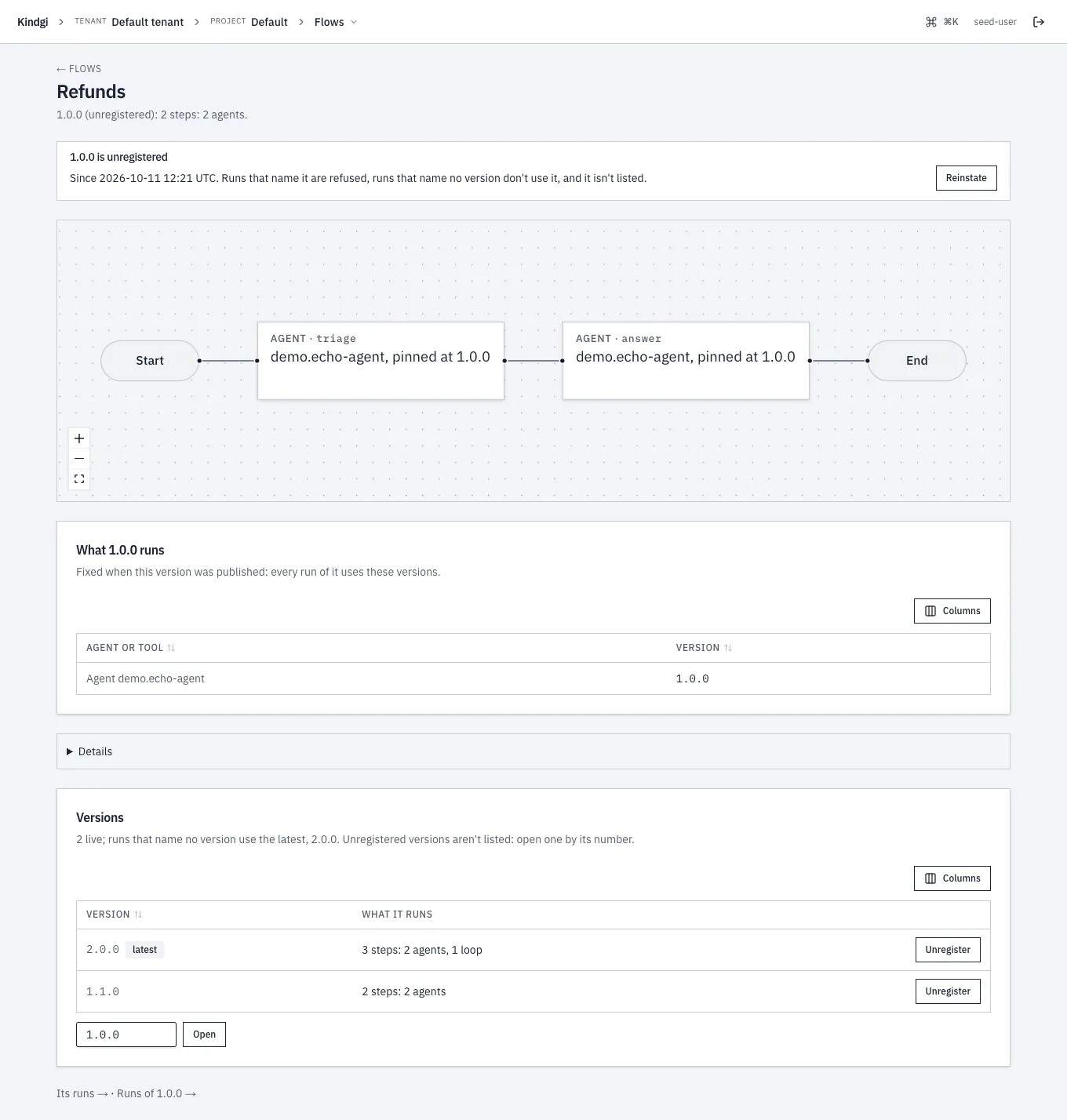 Version 1.0.0 opened by its number: "1.0.0 is unregistered", since when, that runs naming it are refused, and Reinstate, above its graph.