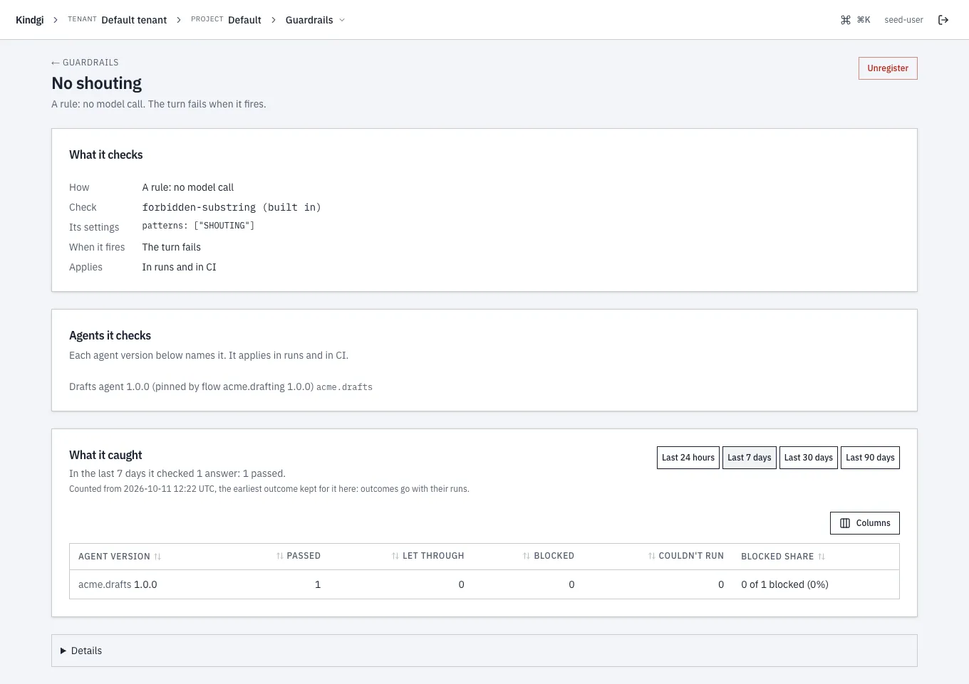 No shouting's page, whose agent version is one a flow pins: Drafts agent 1.0.0 (pinned by flow acme.drafting 1.0.0).