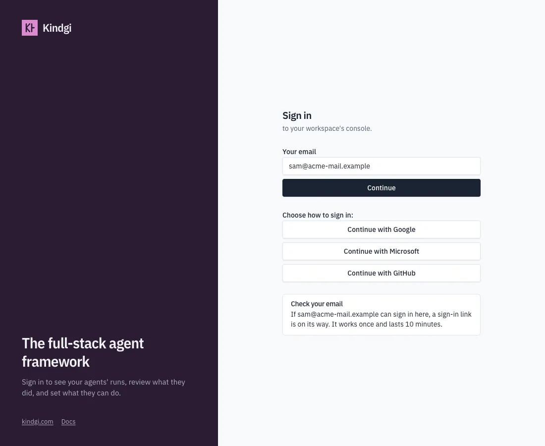 The sign-in page for sam@acme-mail.example: Continue with Google, Continue with Microsoft and Continue with GitHub, then Check your email: if sam@acme-mail.example can sign in here, a sign-in link is on its way. It works once and lasts 10 minutes.