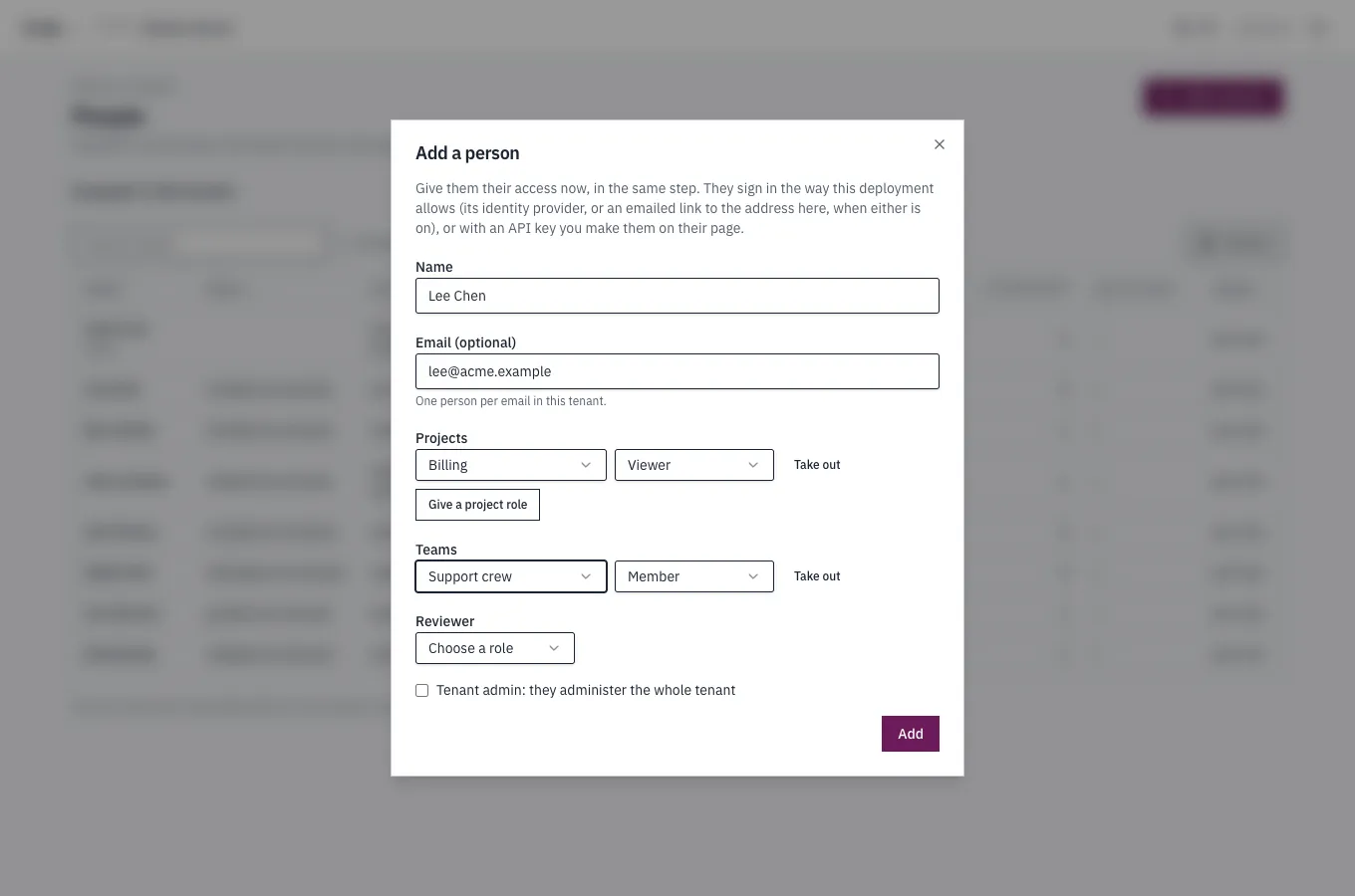 The Add a person dialog: a name and an email, a viewer role on Billing, the team Support crew as a member, no reviewer role, and the Tenant admin checkbox, with an Add button.