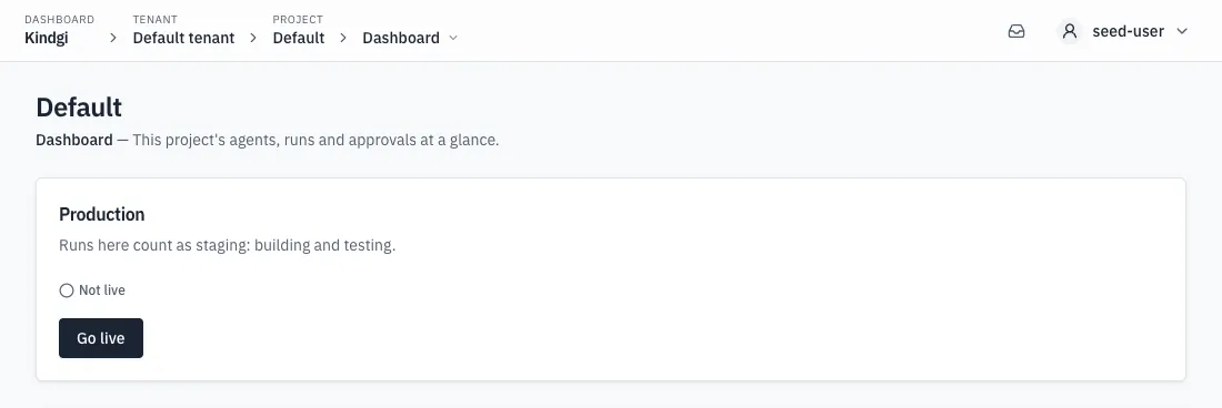 The Default project's Dashboard, as a tenant admin sees it: the Production card, "Runs here count as staging: building and testing.", marked Not live, with Go live.