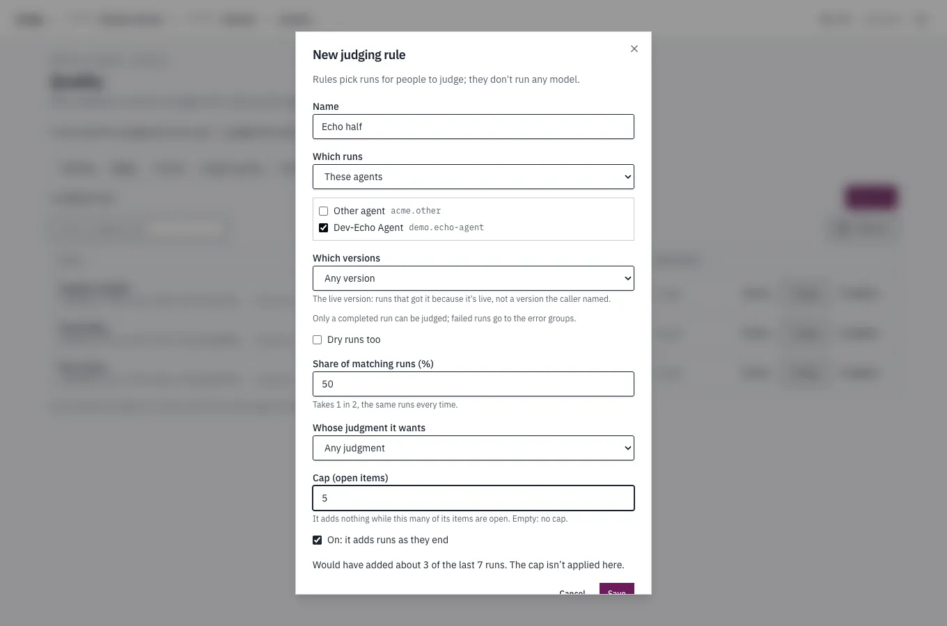 The New judging rule dialog, over the Rules tab.