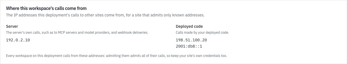 Where this workspace's calls come from: Server, the server's own calls, 192.0.2.10; Deployed code, calls made by your deployed code, 198.51.100.20 and 2001:db8::1; then every workspace on this deployment calls from these addresses