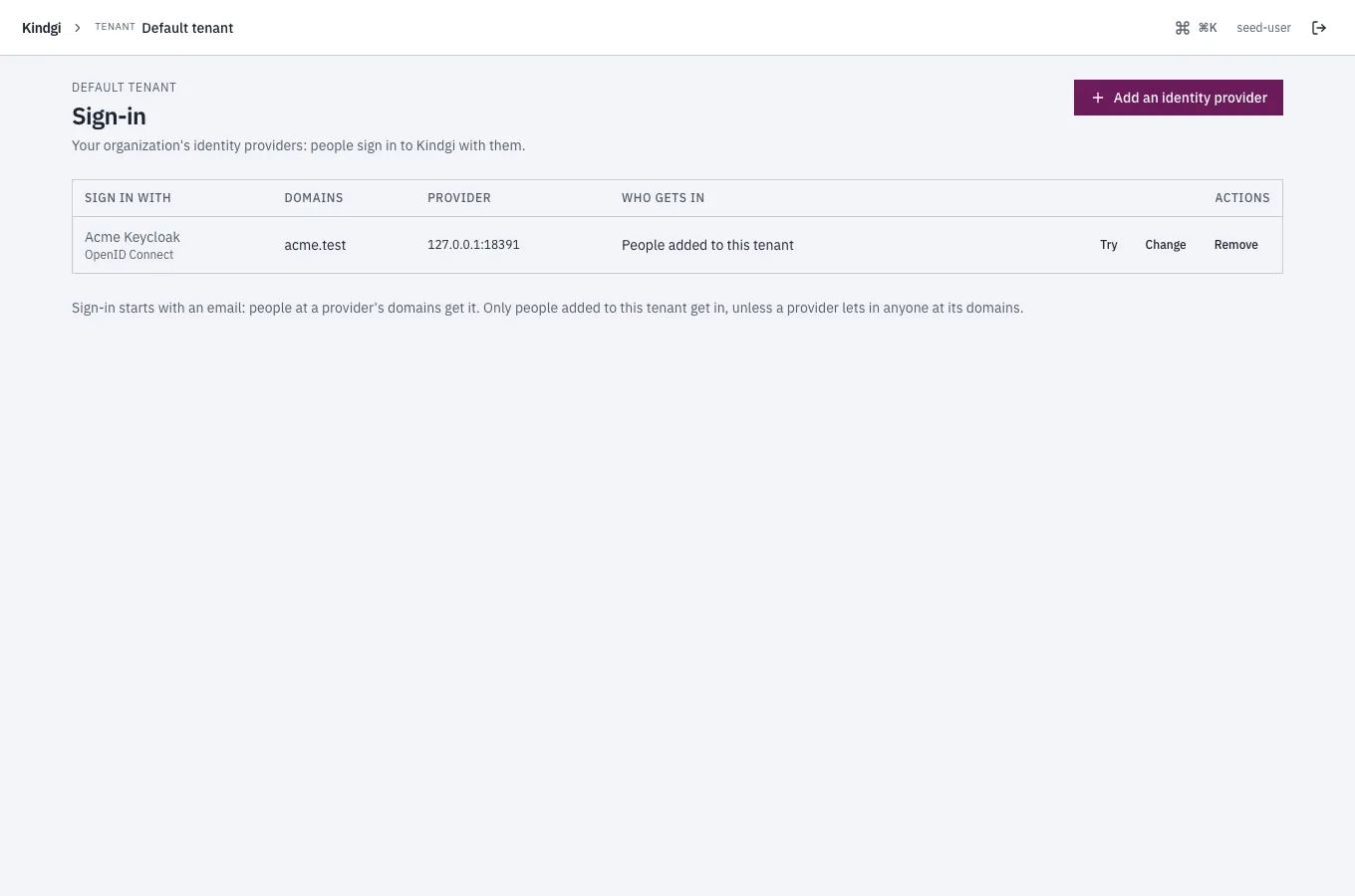 The Sign-in page: Acme Keycloak, OpenID Connect, at acme.test, with Try, Change and Remove