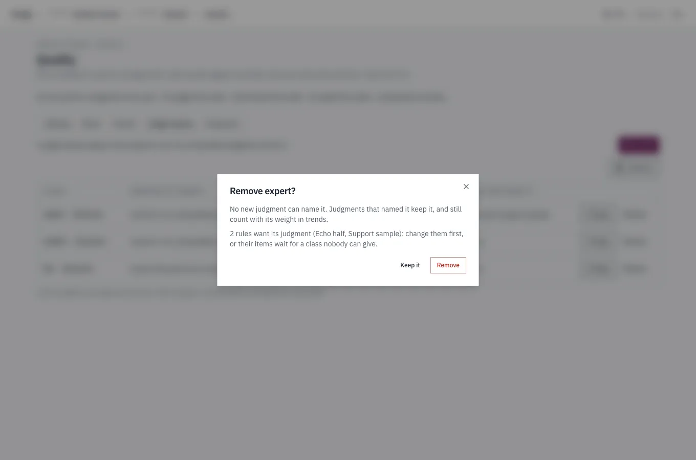 The Remove expert? dialog, over the Judge classes tab: "No new judgment can name it. Judgments that named it keep it, and still count with its weight in trends." and "2 rules want its judgment (Echo half, Support sample): change them first, or their items wait for a class nobody can give."