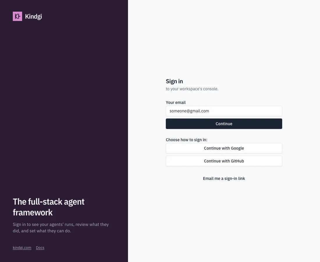 The sign-in page for a Gmail address: Continue with Google and Continue with GitHub, then Email me a sign-in link